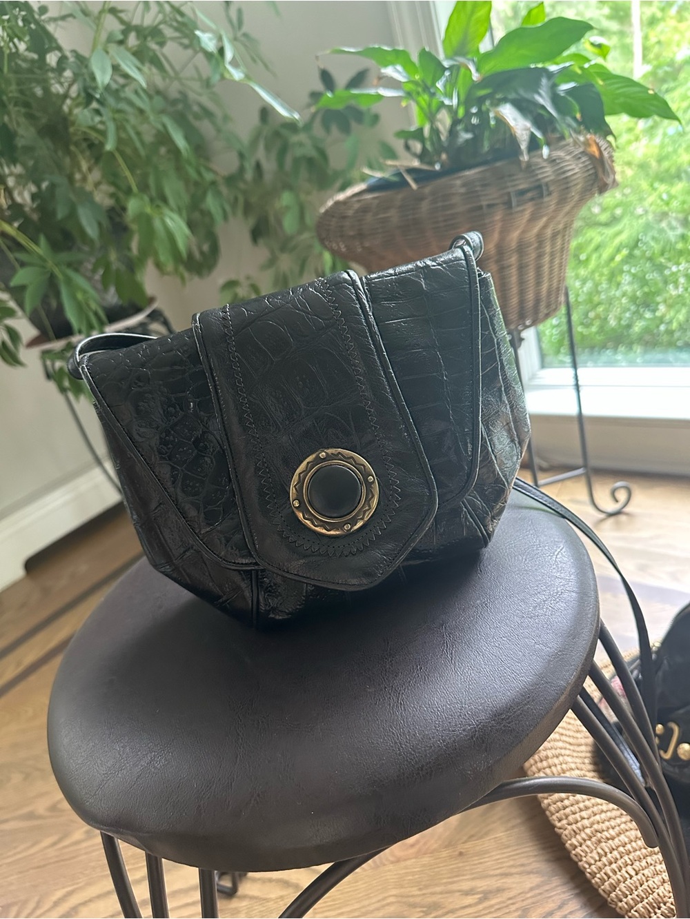 Sharif USA Croc Embossed Shoulder Bag Gold Hardware Magnetic Closure Pockets